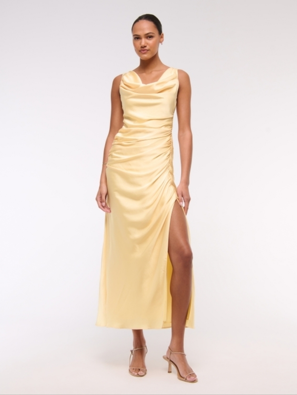 Satin Cowl Neck Butter Yellow Dress with Side Slit